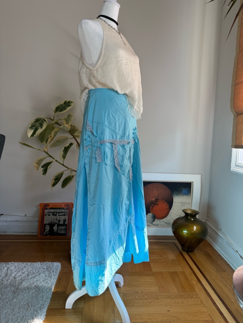 Boho High-Low Lace-Trim Maxi Skirt in Sky Blue